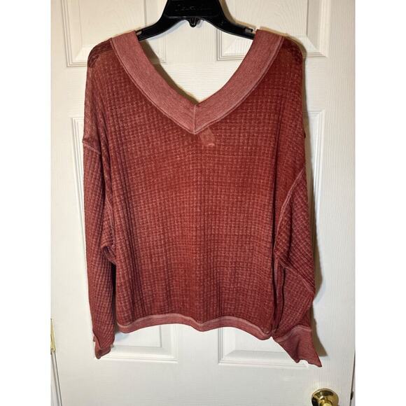 We The Free‎ Waffle Knit Top Woman XS Sweater Long Sleeve Burnt Orange V Neck - Picture 1 of 11